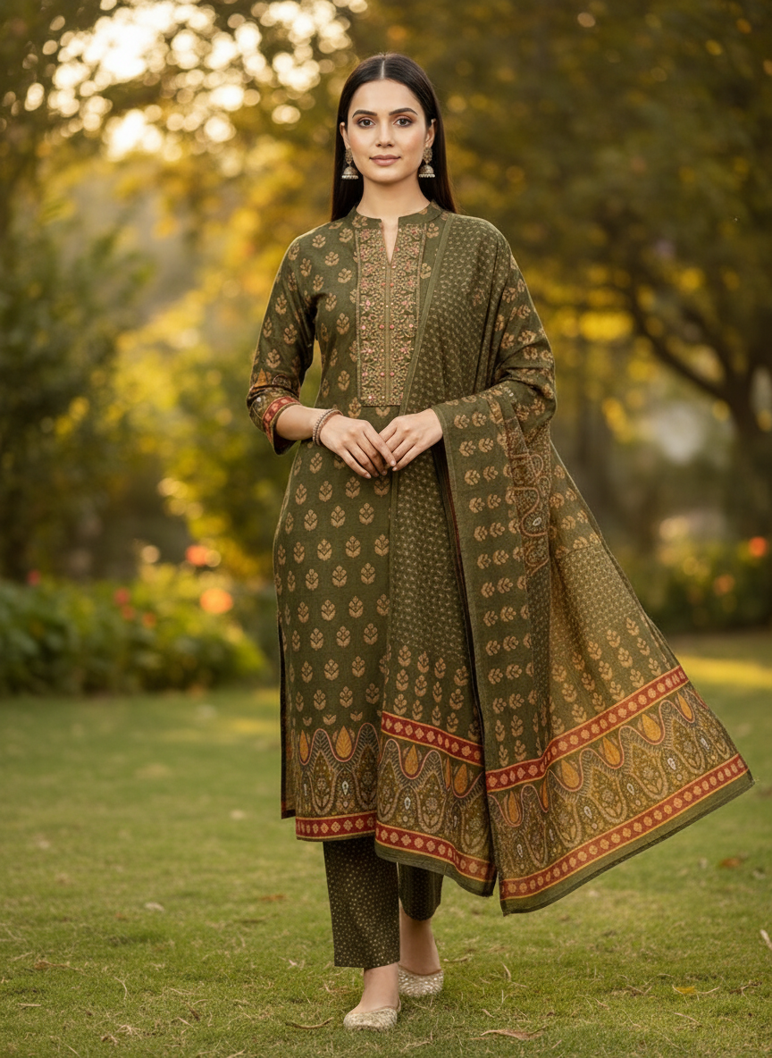 Olive Green Printed Kurta Set with Contrast Border Dupatta – 3 Piece Suit