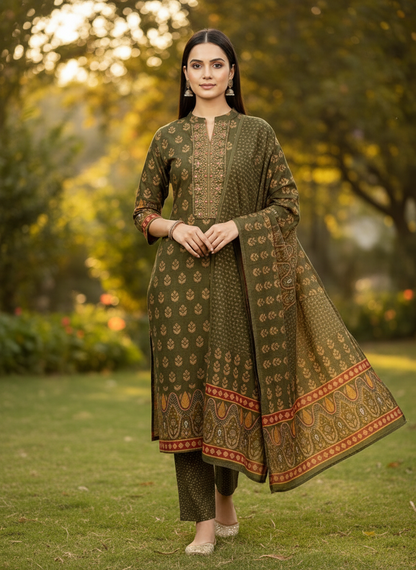Olive Green Printed Kurta Set with Contrast Border Dupatta – 3 Piece Suit