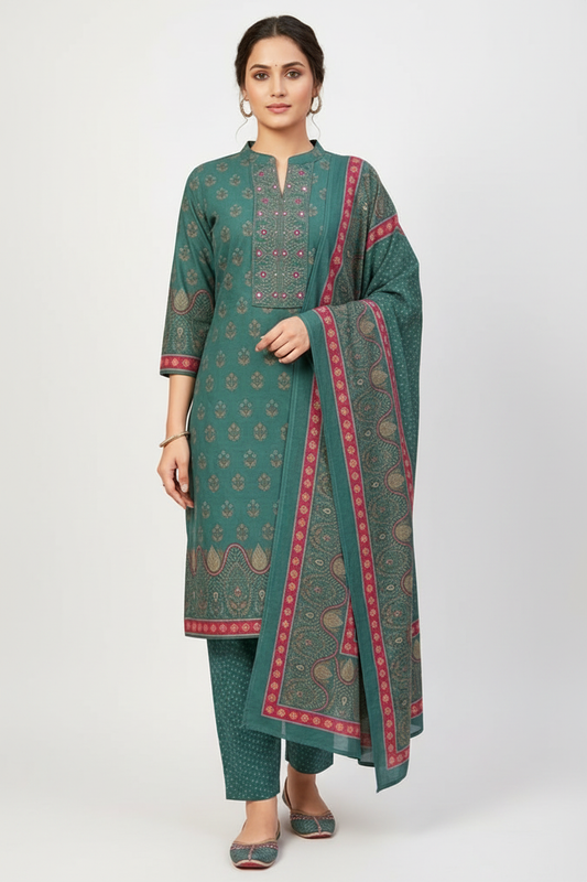Teal Green Printed Kurta Set with Contrast Pink Dupatta – 3 Piece Suit