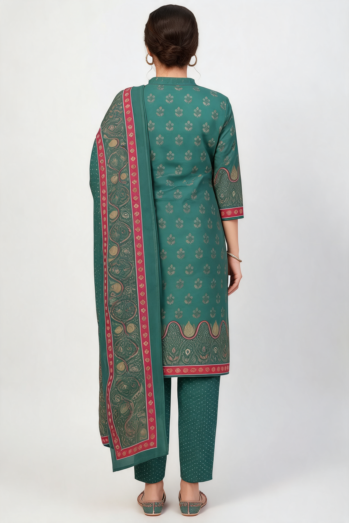 Teal Green Printed Kurta Set with Contrast Pink Dupatta – 3 Piece Suit