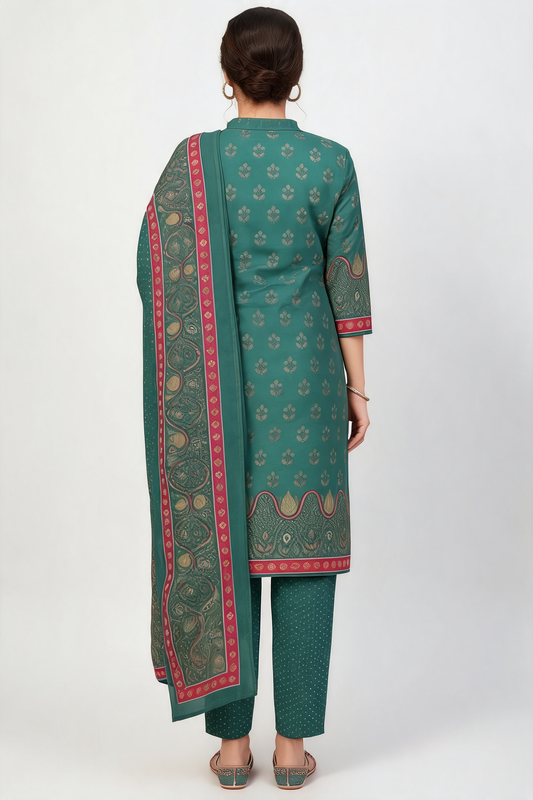 Teal Green Printed Kurta Set with Contrast Pink Dupatta – 3 Piece Suit