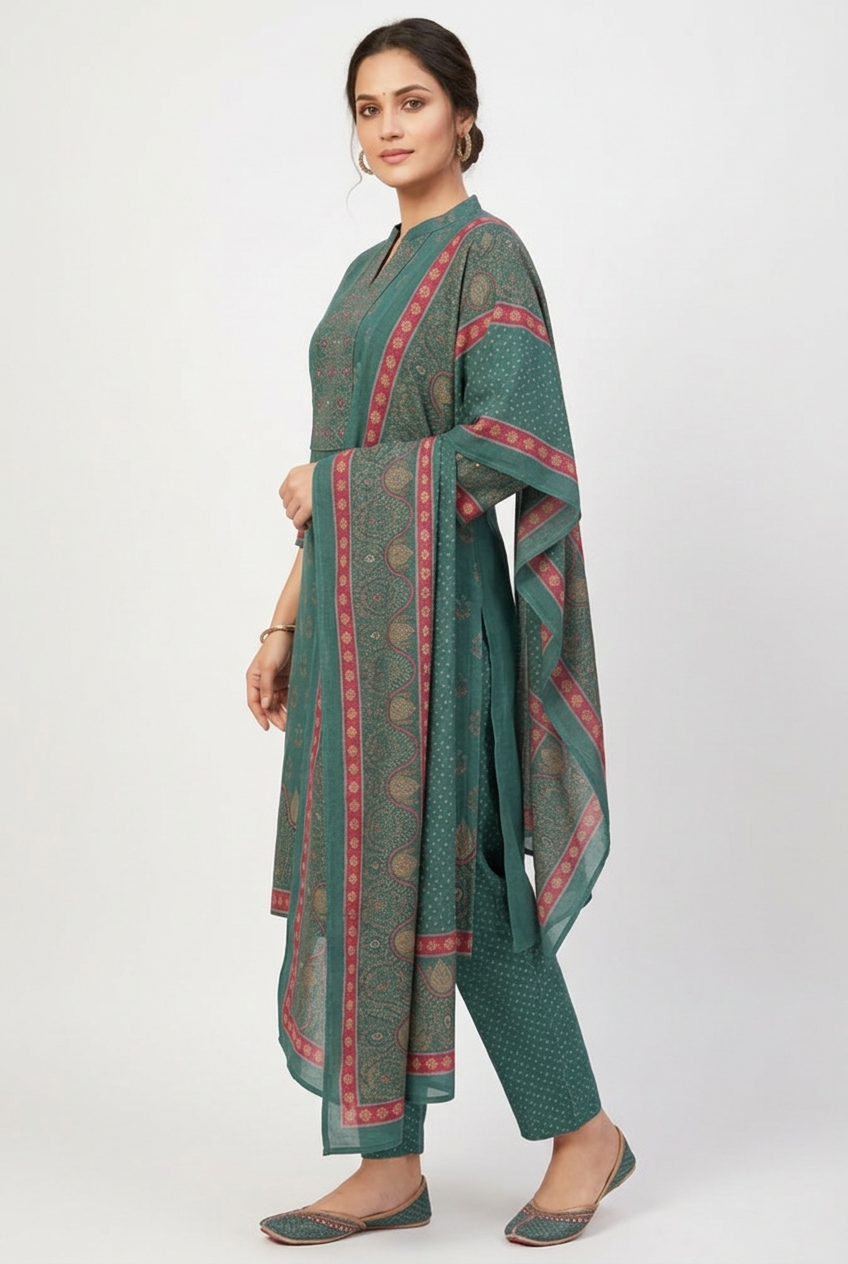 Teal Green Printed Kurta Set with Contrast Pink Dupatta – 3 Piece Suit