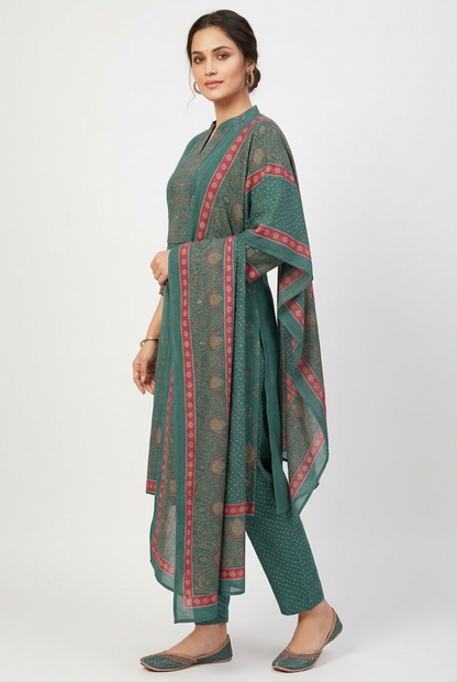 Teal Green Printed Kurta Set with Contrast Pink Dupatta – 3 Piece Suit