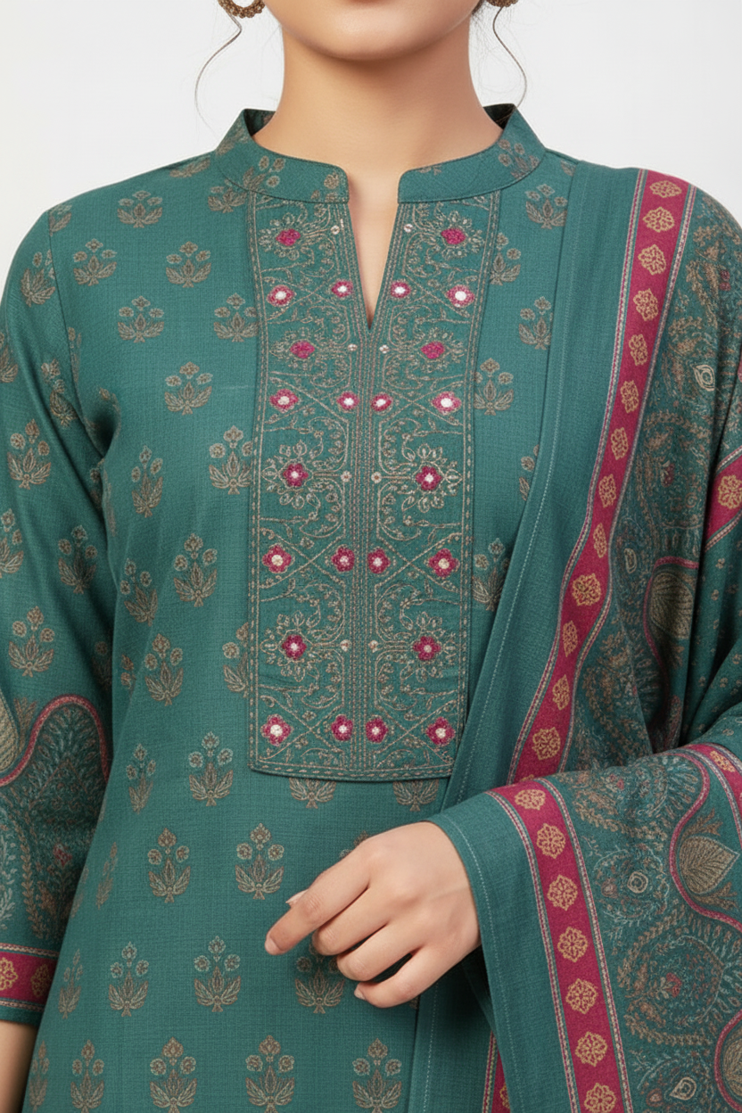 Teal Green Printed Kurta Set with Contrast Pink Dupatta – 3 Piece Suit