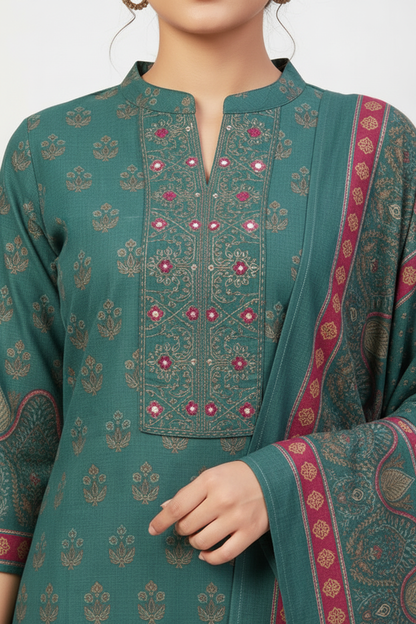 Teal Green Printed Kurta Set with Contrast Pink Dupatta – 3 Piece Suit
