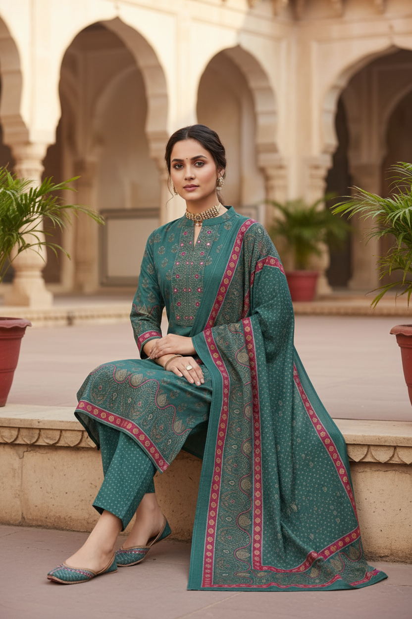 Teal Green Printed Kurta Set with Contrast Pink Dupatta – 3 Piece Suit