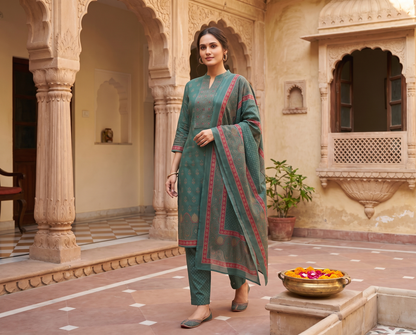 Teal Green Printed Kurta Set with Contrast Pink Dupatta – 3 Piece Suit