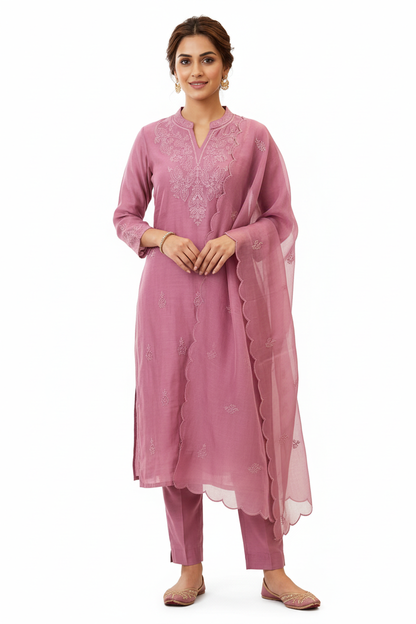 Mauve Pink Embroidered Kurta Set with Scalloped Dupatta – 3 Piece Suit
