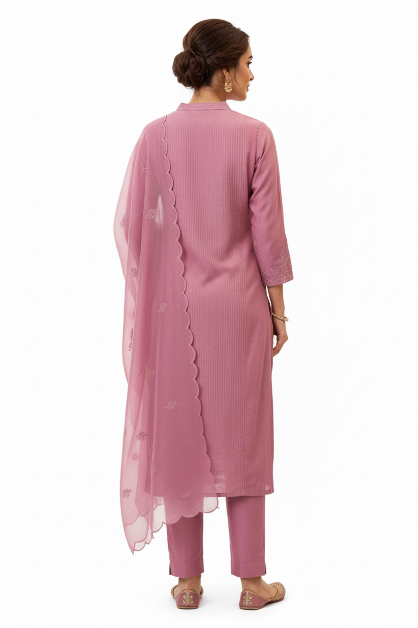 Mauve Pink Embroidered Kurta Set with Scalloped Dupatta – 3 Piece Suit