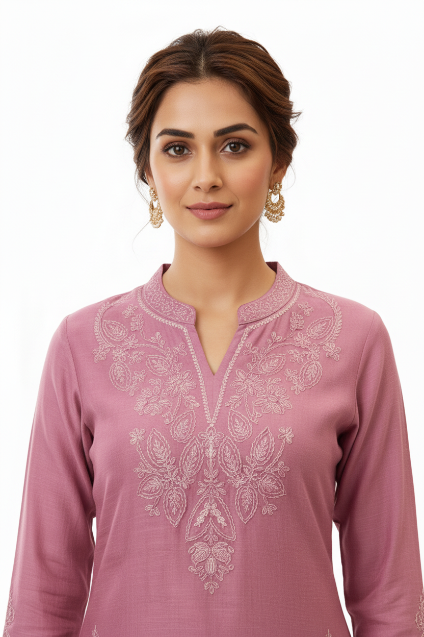 Mauve Pink Embroidered Kurta Set with Scalloped Dupatta – 3 Piece Suit