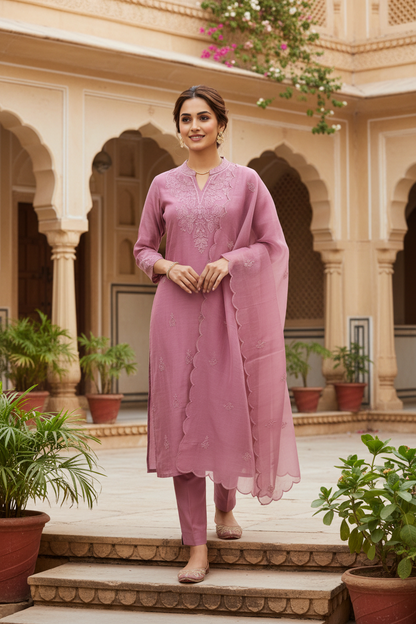 Mauve Pink Embroidered Kurta Set with Scalloped Dupatta – 3 Piece Suit
