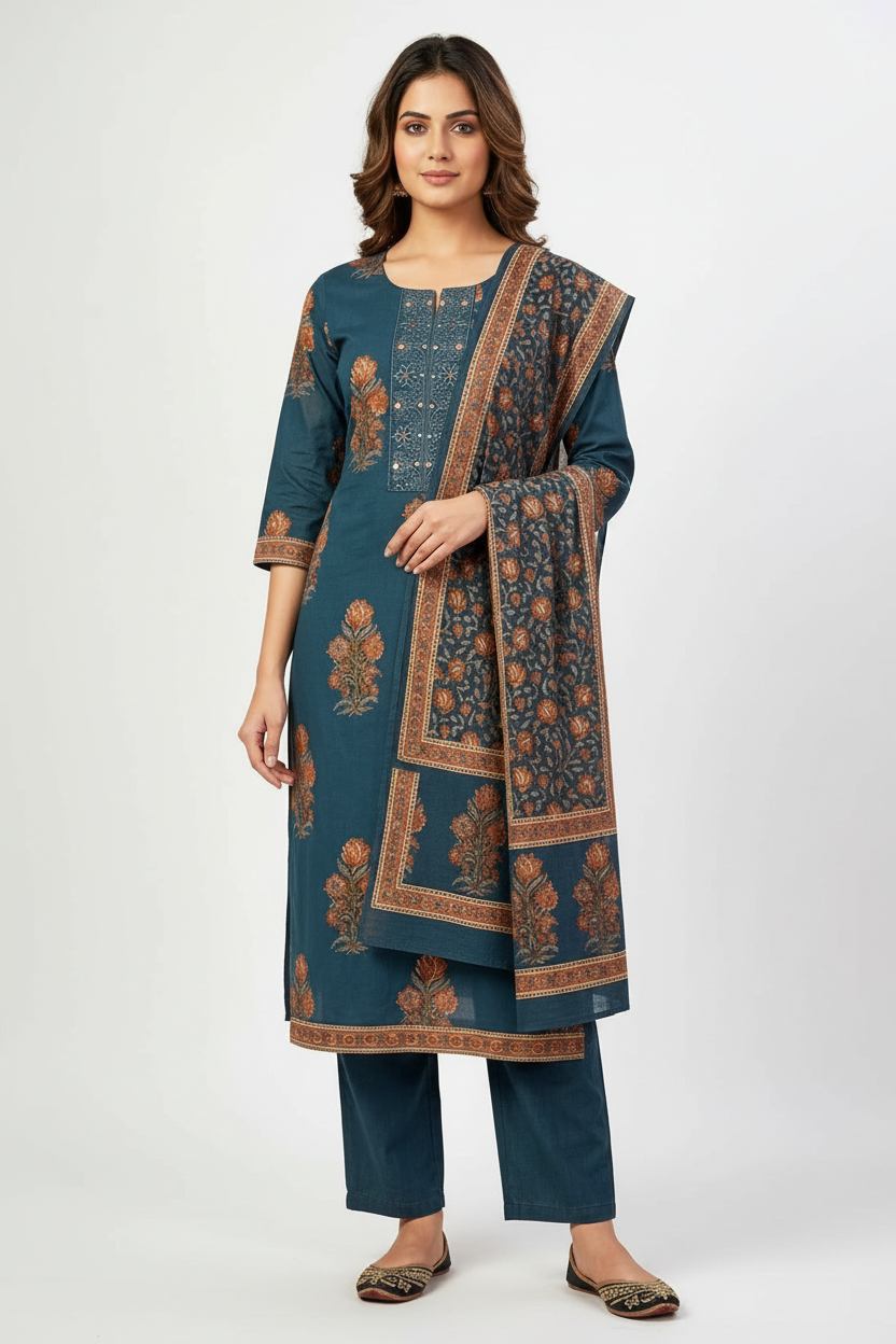 Teal Blue Floral Printed Kurta Set with Dupatta – 3 Piece Suit