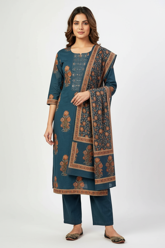 Teal Blue Floral Printed Kurta Set with Dupatta – 3 Piece Suit