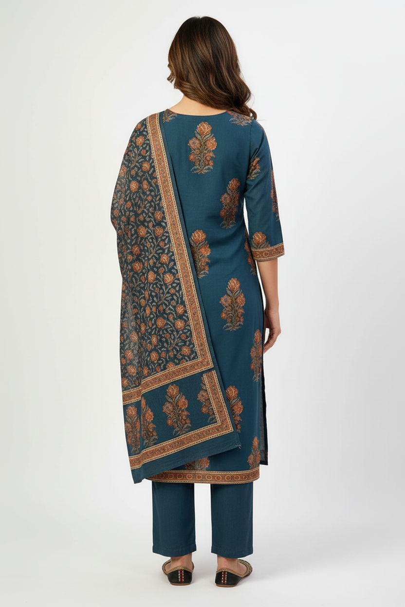 Teal Blue Floral Printed Kurta Set with Dupatta – 3 Piece Suit