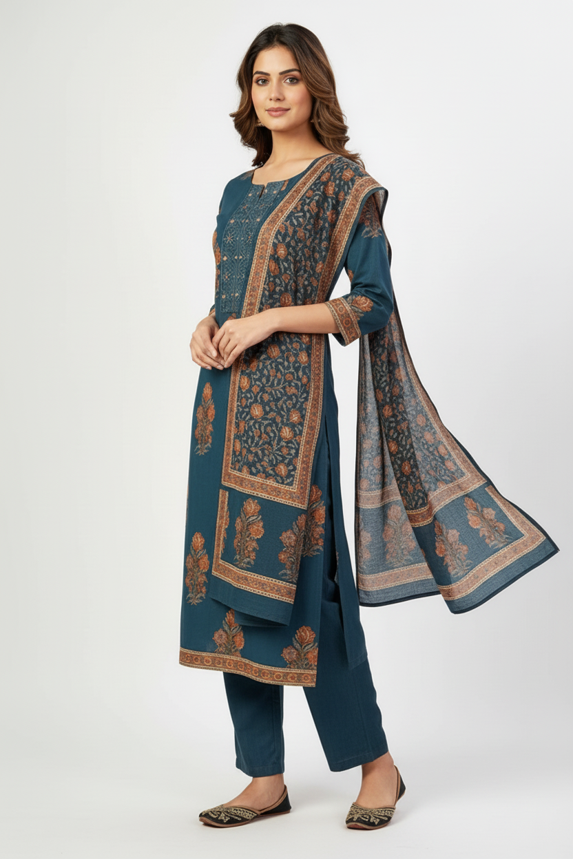 Teal Blue Floral Printed Kurta Set with Dupatta – 3 Piece Suit