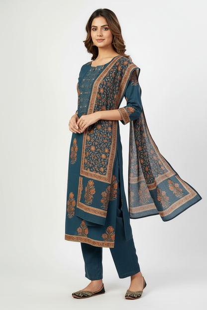 Teal Blue Floral Printed Kurta Set with Dupatta – 3 Piece Suit