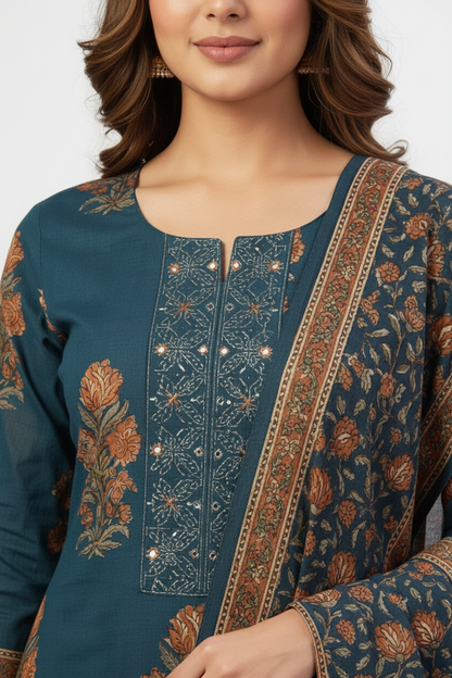 Teal Blue Floral Printed Kurta Set with Dupatta – 3 Piece Suit