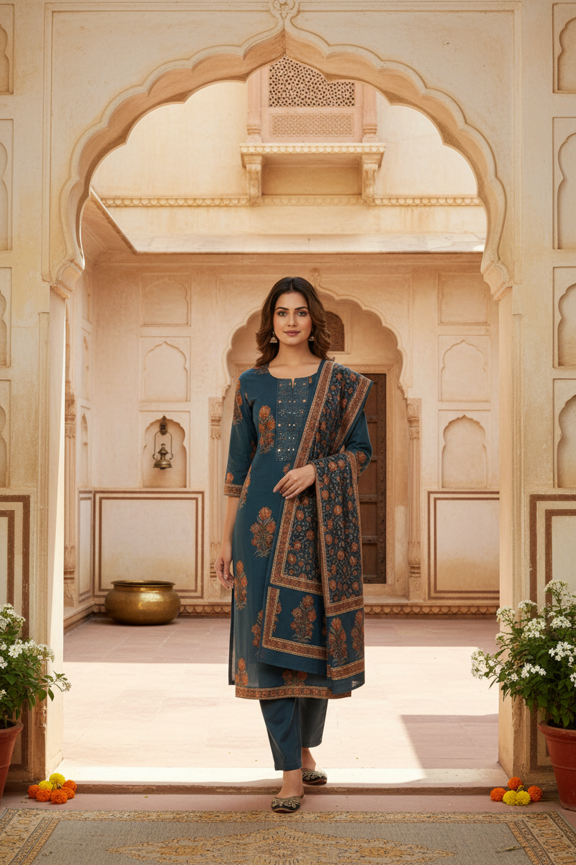 Teal Blue Floral Printed Kurta Set with Dupatta – 3 Piece Suit