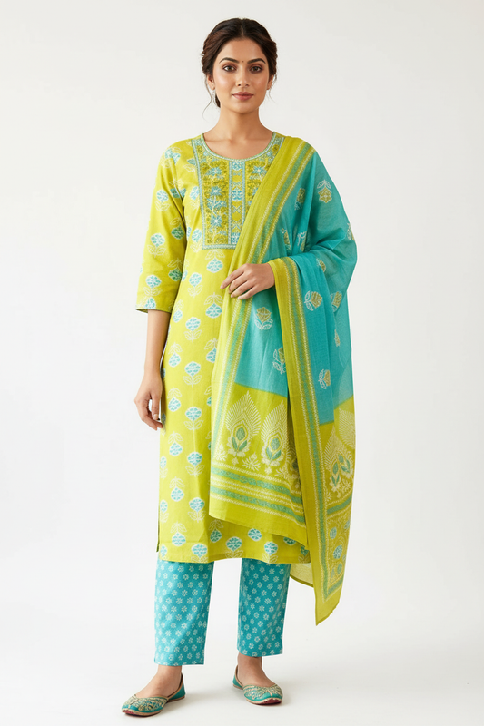Lime Floral Printed Kurta Set with Dupatta – 3 Piece Suit