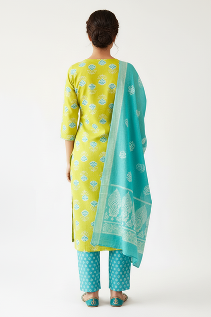 Lime Floral Printed Kurta Set with Dupatta – 3 Piece Suit