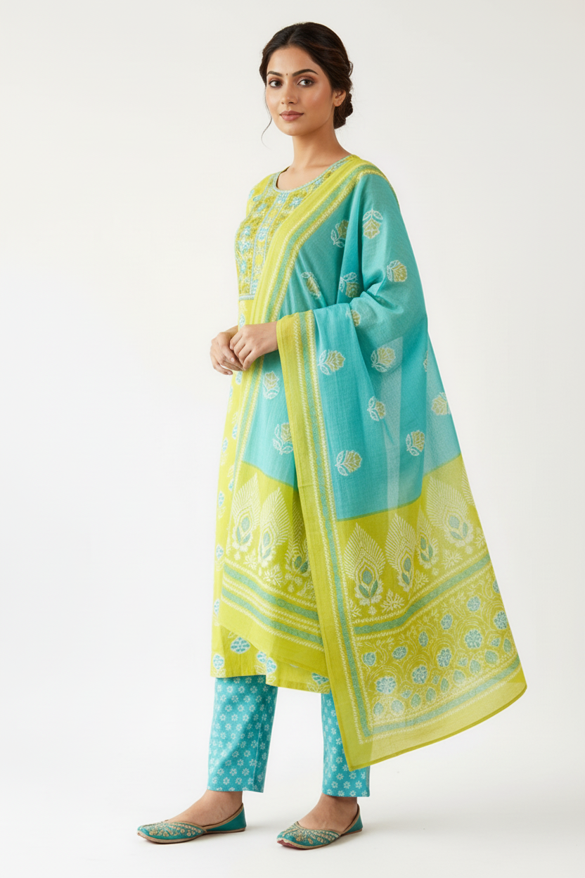 Lime Floral Printed Kurta Set with Dupatta – 3 Piece Suit