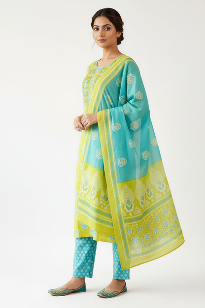 Lime Floral Printed Kurta Set with Dupatta – 3 Piece Suit