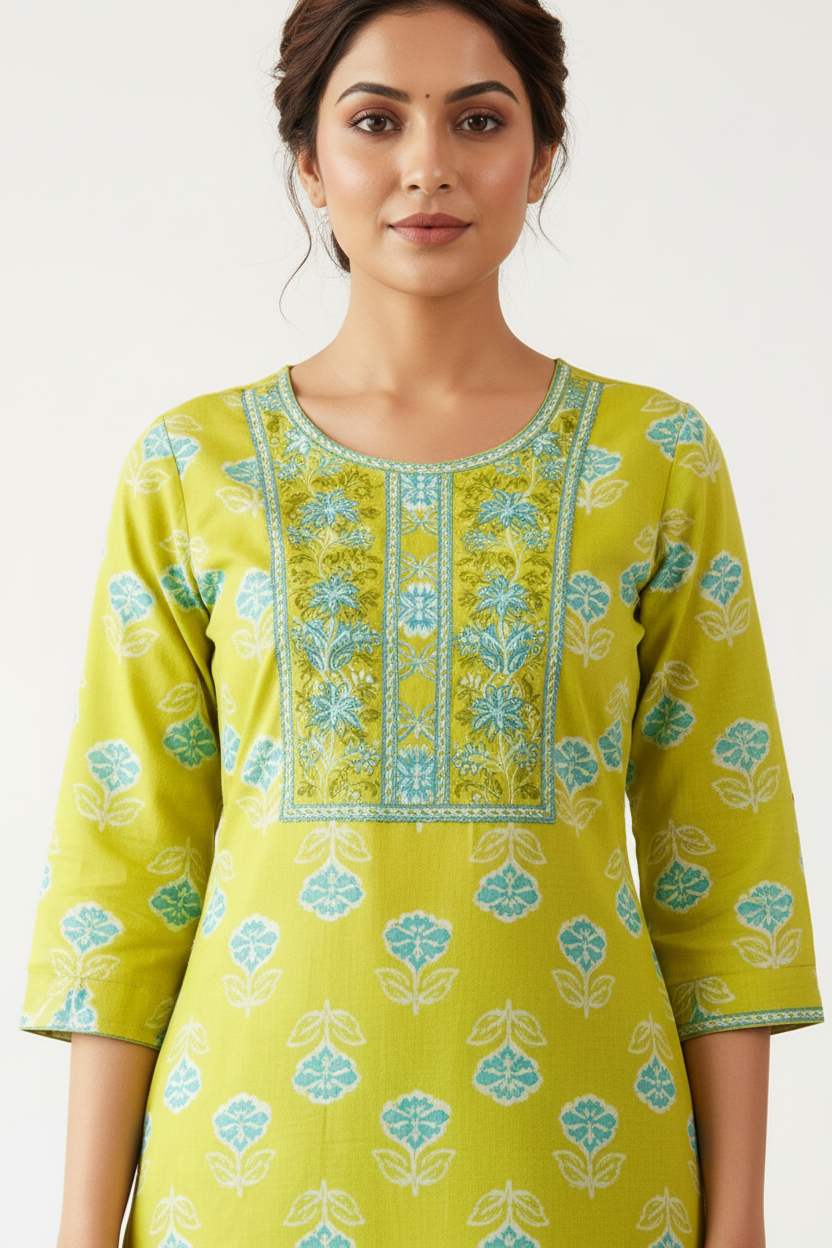 Lime Floral Printed Kurta Set with Dupatta – 3 Piece Suit