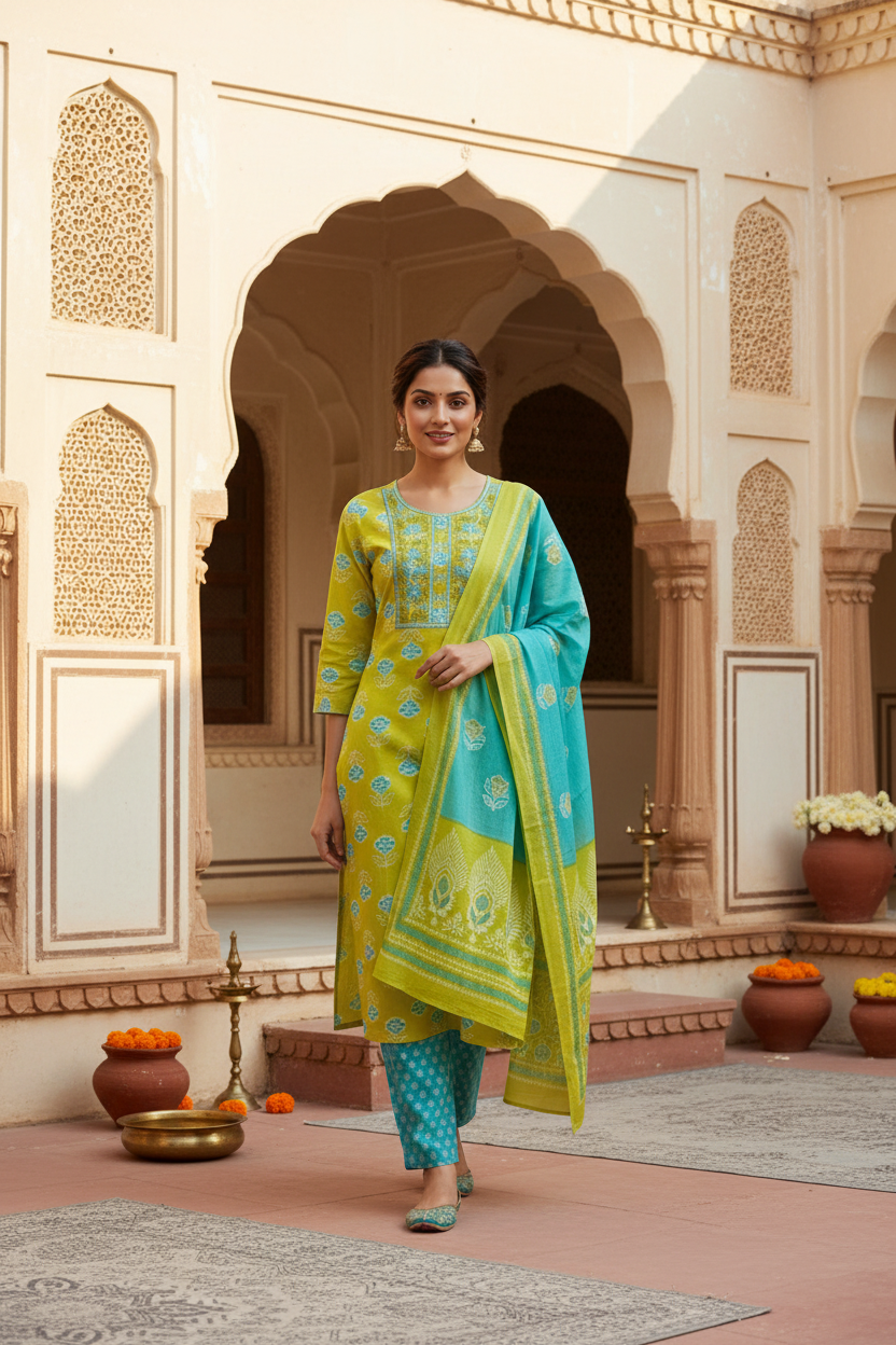 Lime Floral Printed Kurta Set with Dupatta – 3 Piece Suit