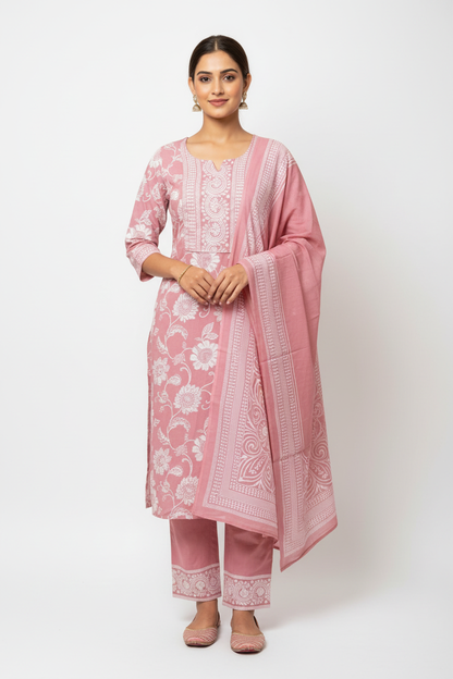 Dusty Pink Floral Printed Kurta Set with Dupatta – 3 Piece Suit