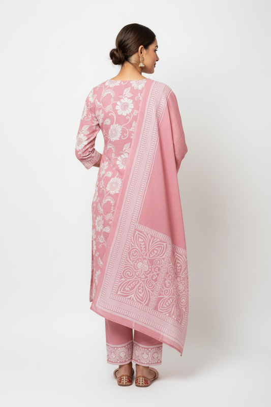Dusty Pink Floral Printed Kurta Set with Dupatta – 3 Piece Suit
