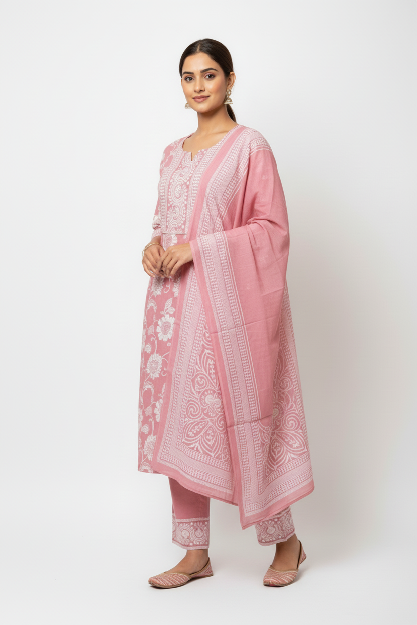 Dusty Pink Floral Printed Kurta Set with Dupatta – 3 Piece Suit