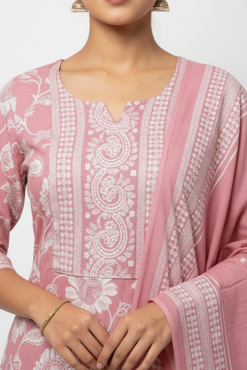 Dusty Pink Floral Printed Kurta Set with Dupatta – 3 Piece Suit