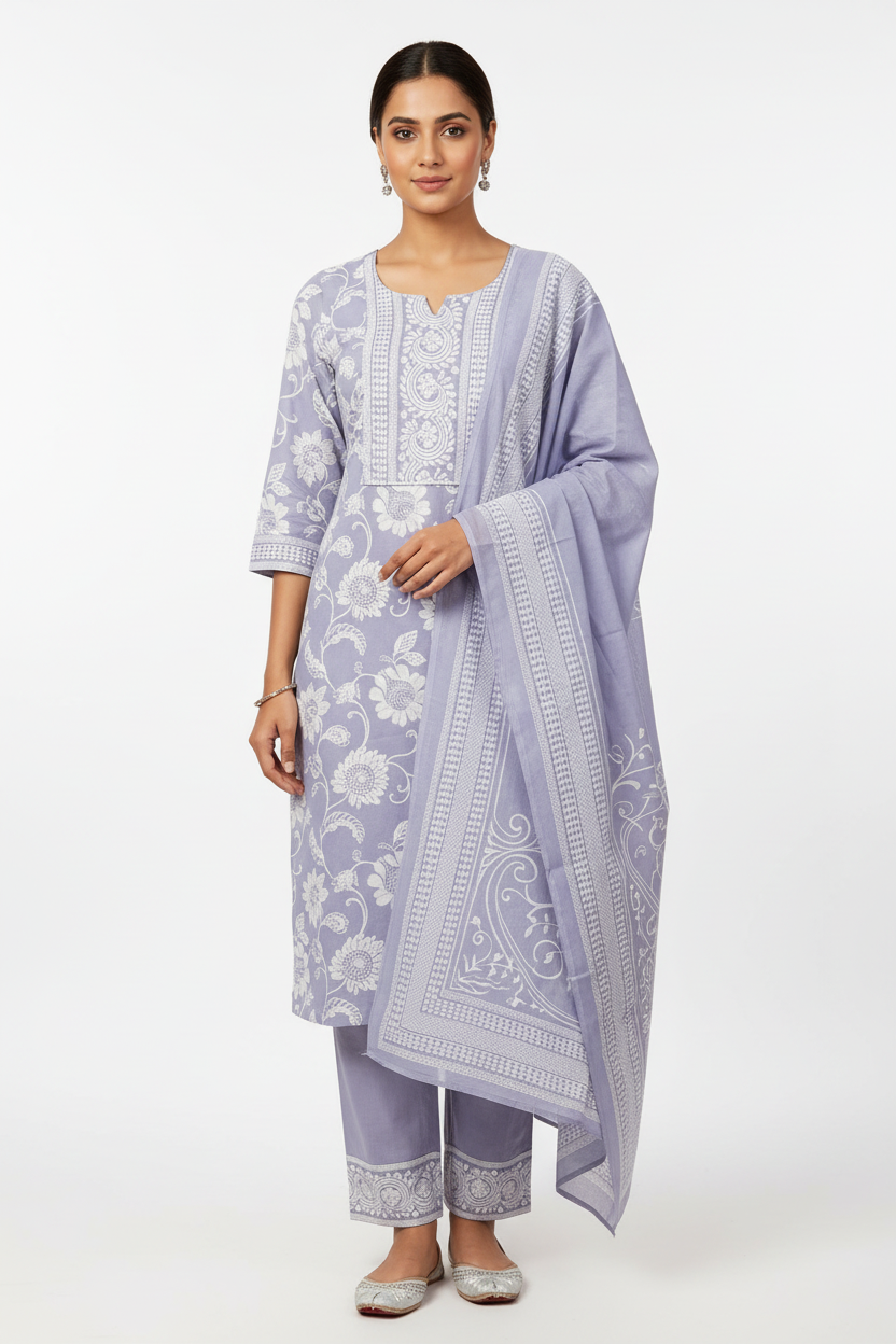 Lavender Floral Printed Kurta Set with Dupatta – 3 Piece Suit