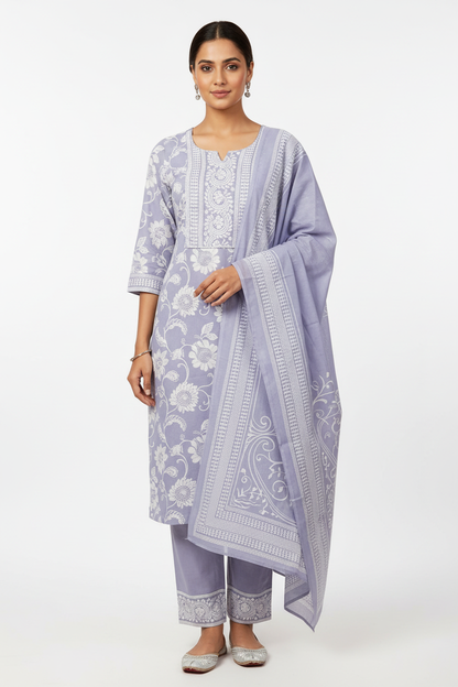 Lavender Floral Printed Kurta Set with Dupatta – 3 Piece Suit