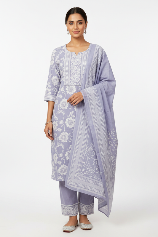 Lavender Floral Printed Kurta Set with Dupatta – 3 Piece Suit