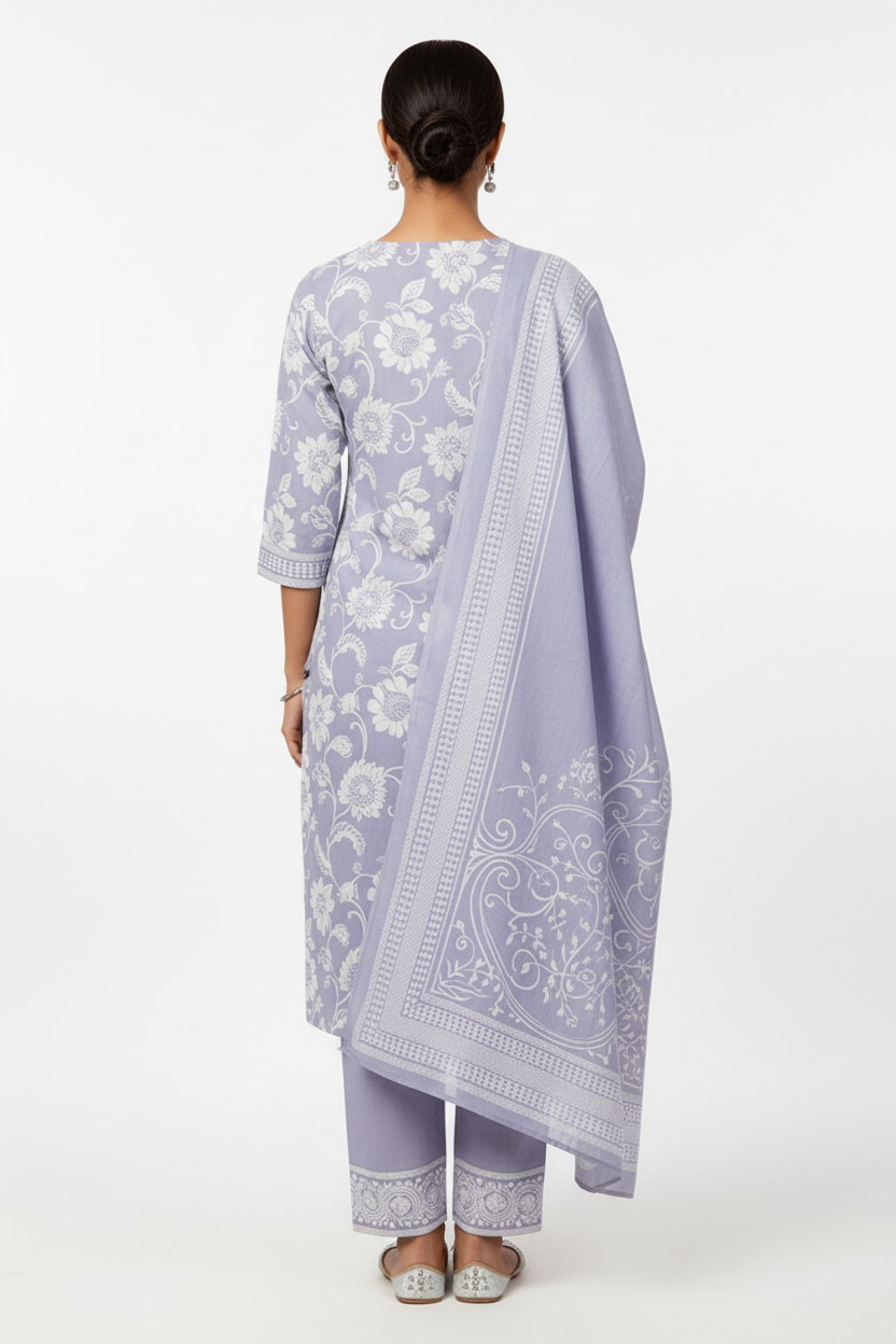 Lavender Floral Printed Kurta Set with Dupatta – 3 Piece Suit