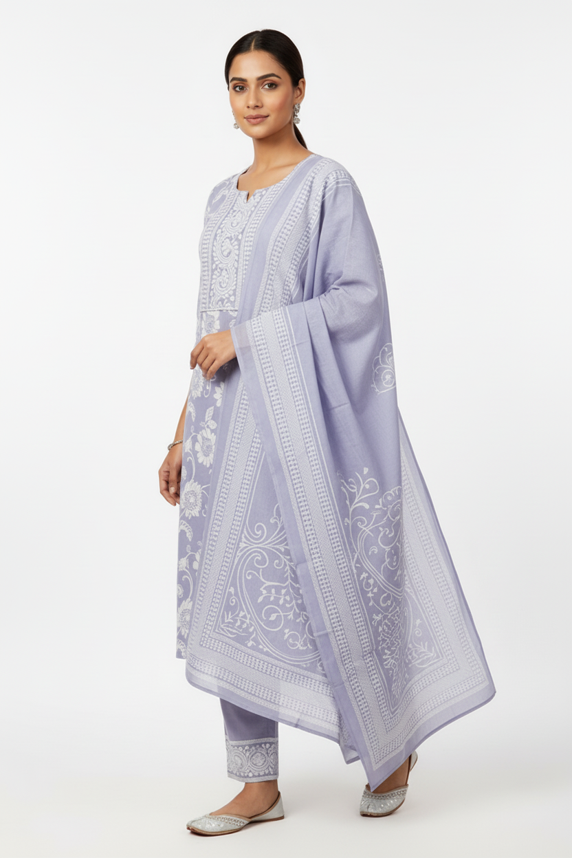 Lavender Floral Printed Kurta Set with Dupatta – 3 Piece Suit