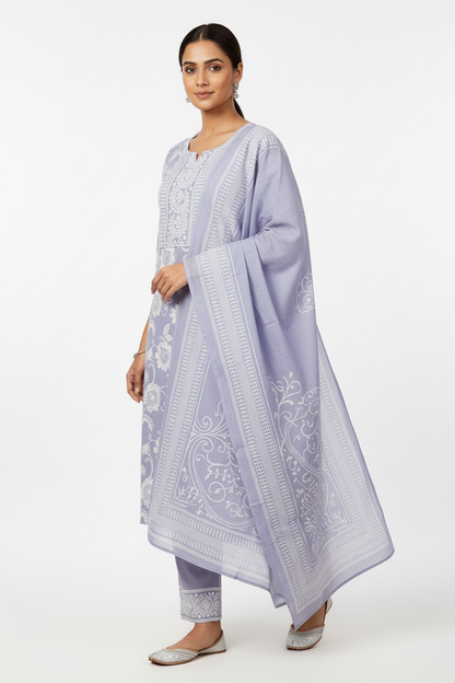 Lavender Floral Printed Kurta Set with Dupatta – 3 Piece Suit