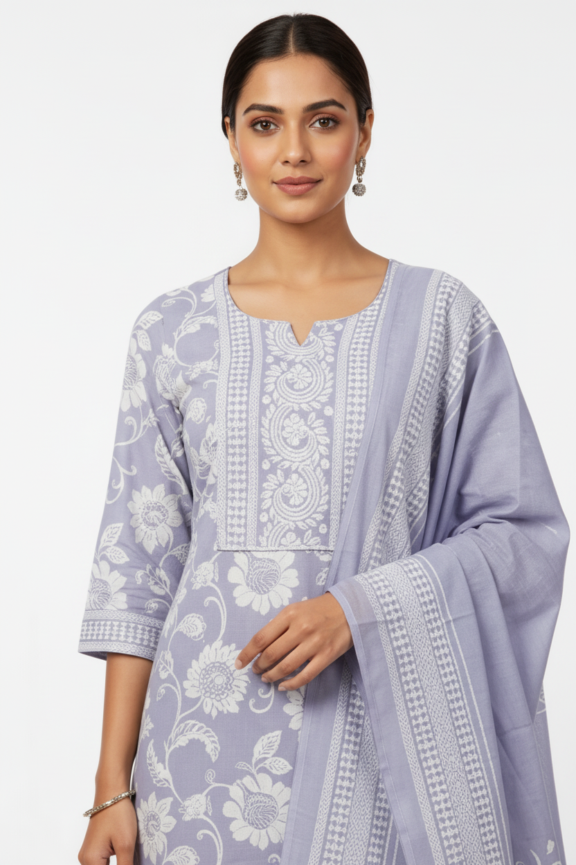 Lavender Floral Printed Kurta Set with Dupatta – 3 Piece Suit