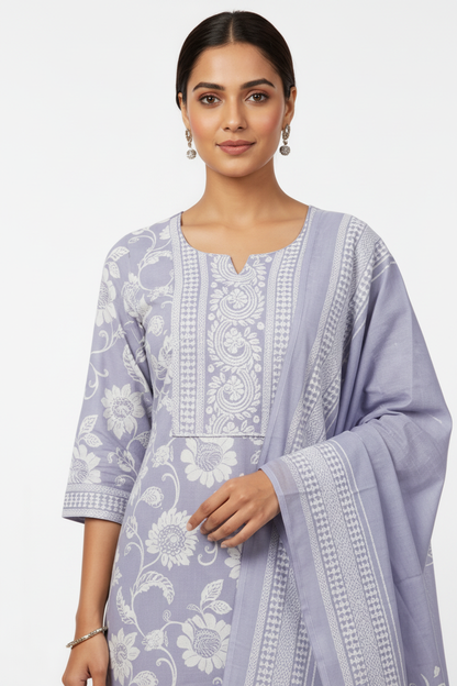 Lavender Floral Printed Kurta Set with Dupatta – 3 Piece Suit