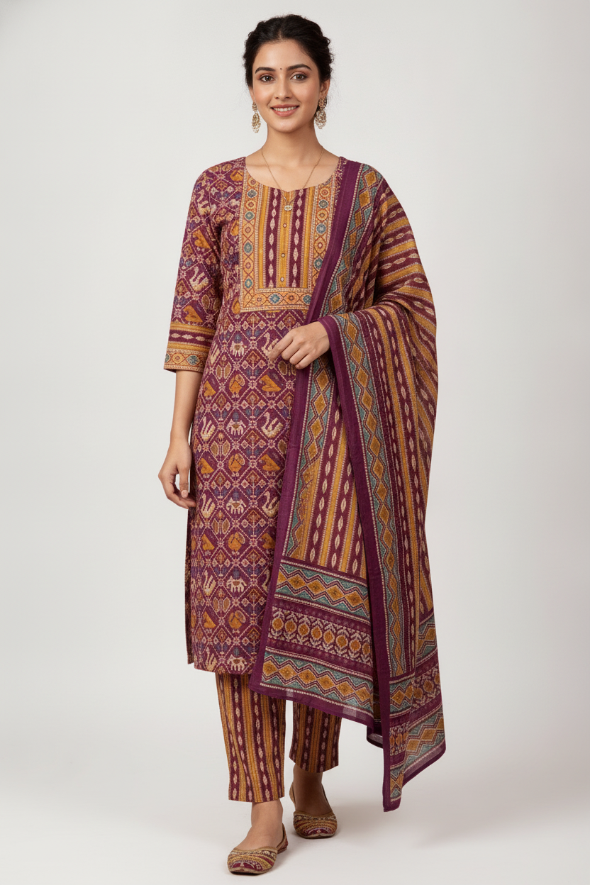 Wine Purple Printed Kurta Set with Multicolour Dupatta – 3 Piece Suit