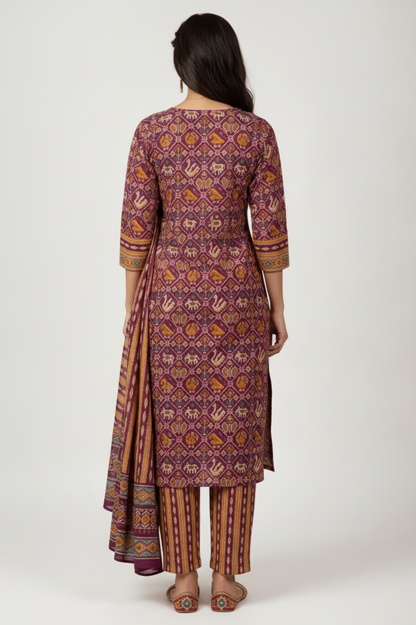 Wine Purple Printed Kurta Set with Multicolour Dupatta – 3 Piece Suit