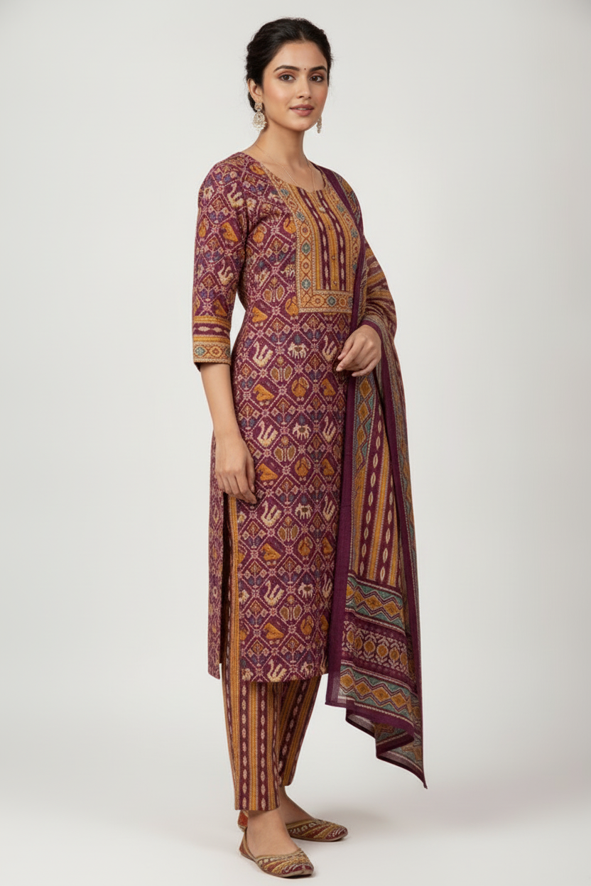 Wine Purple Printed Kurta Set with Multicolour Dupatta – 3 Piece Suit