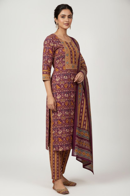 Wine Purple Printed Kurta Set with Multicolour Dupatta – 3 Piece Suit