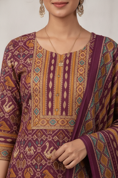 Wine Purple Printed Kurta Set with Multicolour Dupatta – 3 Piece Suit