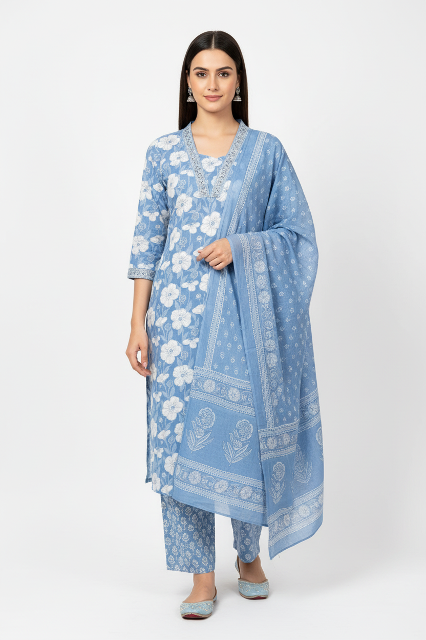 Sky Blue Floral Printed Kurta Set with Dupatta – 3 Piece Suit