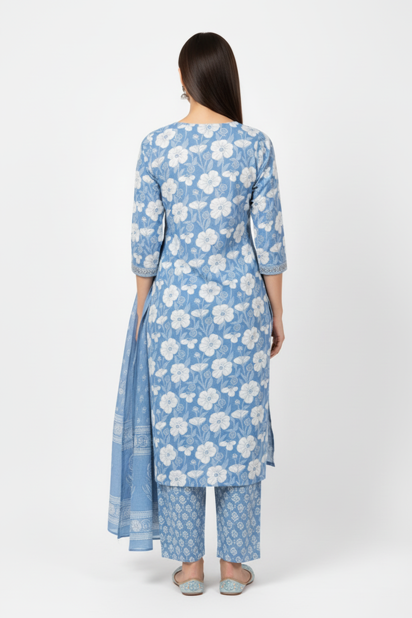 Sky Blue Floral Printed Kurta Set with Dupatta – 3 Piece Suit