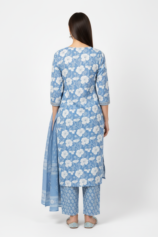 Sky Blue Floral Printed Kurta Set with Dupatta – 3 Piece Suit