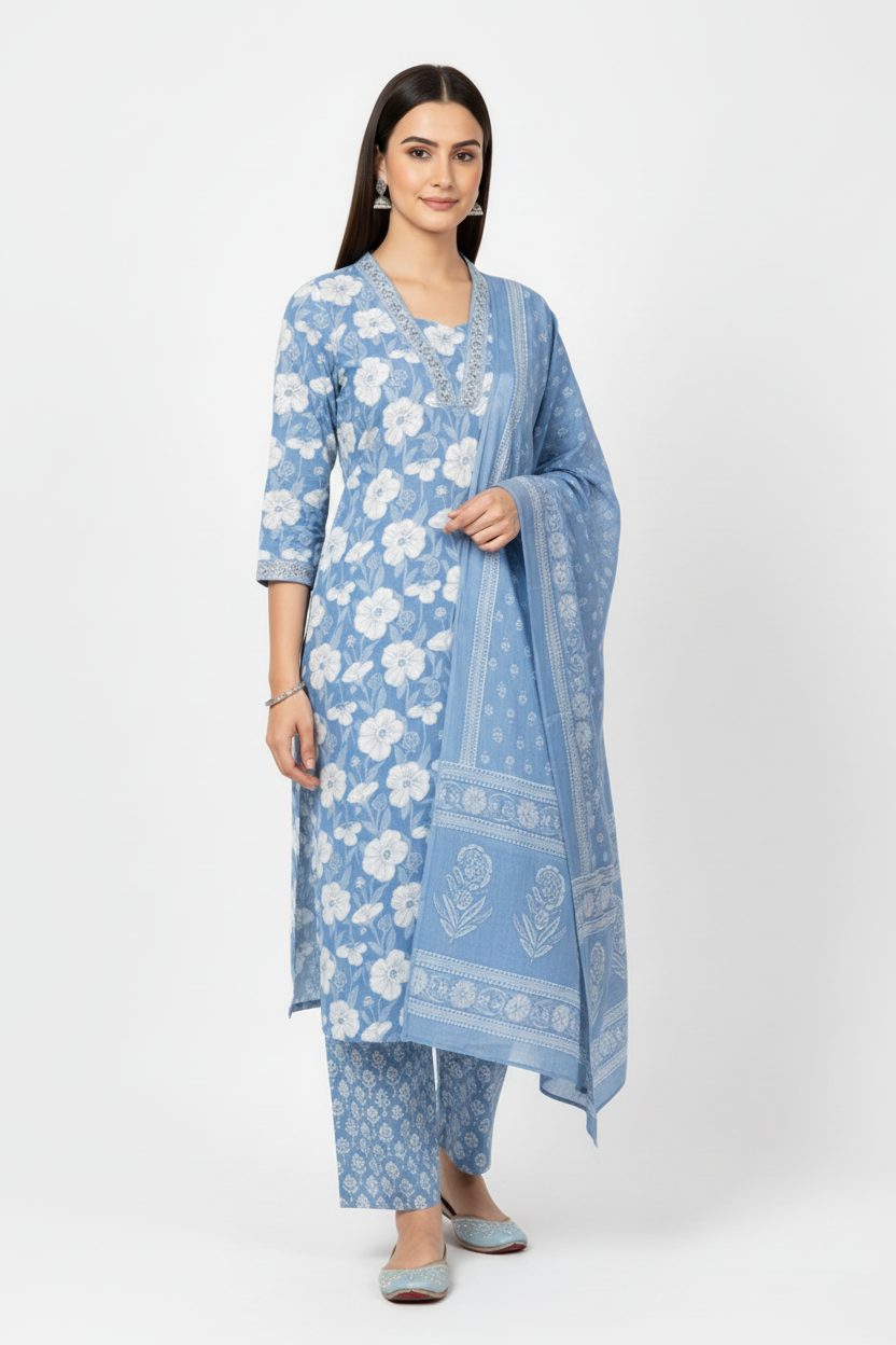 Sky Blue Floral Printed Kurta Set with Dupatta – 3 Piece Suit