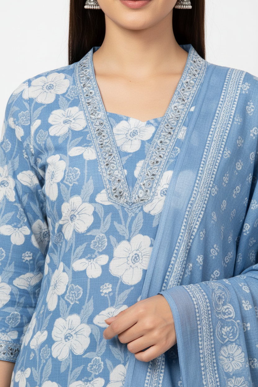 Sky Blue Floral Printed Kurta Set with Dupatta – 3 Piece Suit